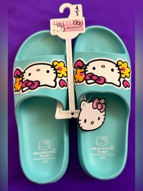 Hello Kitty Aqua Slide Sandals with Floral Accents